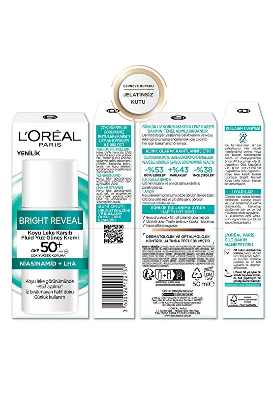 Loréal Paris Bright Reveal Spf 50+ Koyu Leke Karşıtı Fluid Günlük Yüz Güneş Kremi 50ML