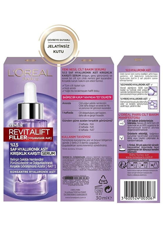 Yeni Orjinal Ürün Revitalift Filler Saf Hyaluronik Asit Kırışıklık Karşıtı Serum 30 Ml