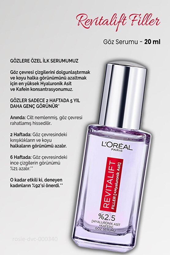 3 Adet Loreal Paris Revitalift Filler Göz Serumu 20 ml ve ROSIE