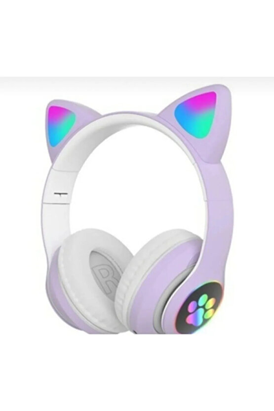 Lila Mor Stn28 Bluetooth Kulaklık 2 Yıl Kablosuz Bluetooth 5.0 Uyumlu Led Işıklı Kedili Şık
