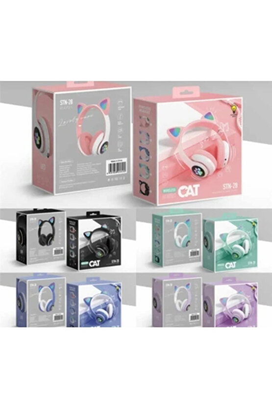 Lila Mor Stn28 Bluetooth Kulaklık 2 Yıl Kablosuz Bluetooth 5.0 Uyumlu Led Işıklı Kedili Şık