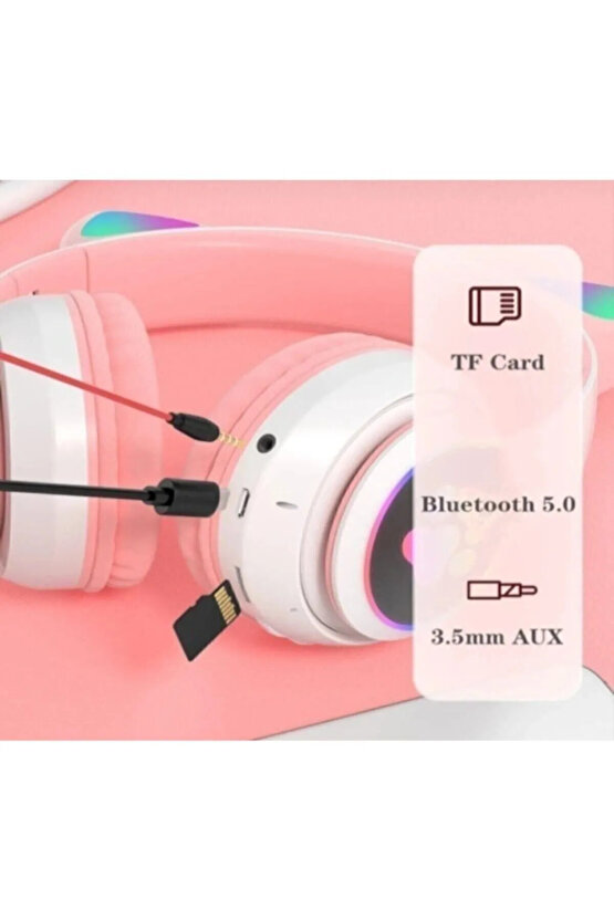 Lila Mor Stn28 Bluetooth Kulaklık 2 Yıl Kablosuz Bluetooth 5.0 Uyumlu Led Işıklı Kedili Şık