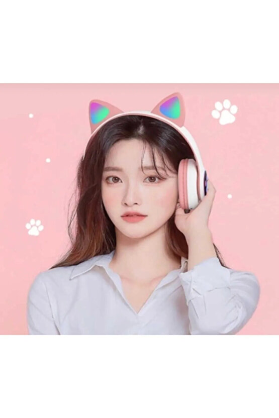 Lila Mor Stn28 Bluetooth Kulaklık 2 Yıl Kablosuz Bluetooth 5.0 Uyumlu Led Işıklı Kedili Şık