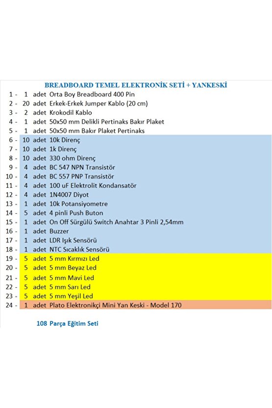 BREADBOARD TEMEL ELEKTRONİK SETİ + PLATO YANKESKİ