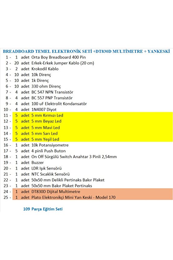 BREADBOARD TEMEL ELEKTRONİK SETİ +DT830D MULTİMETRE + YANKESKİ