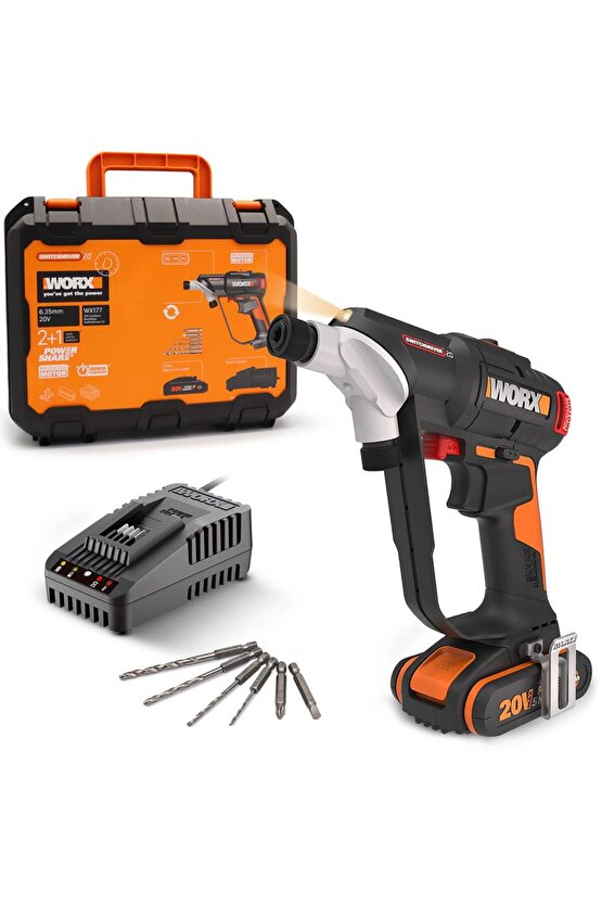 WX177 20Volt2.0Ah Li-ion Döner Kafa ve Çift Mandrenli Profesyonel Kömürsüz Şarjlı Matkap + 6 P