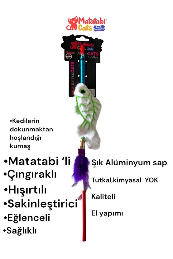 Matatabi Cats BALIK Alüminyum saplı kedi oltası(Matatabi,çıngırak ve özel hışırtı içerir.özel kumaş)