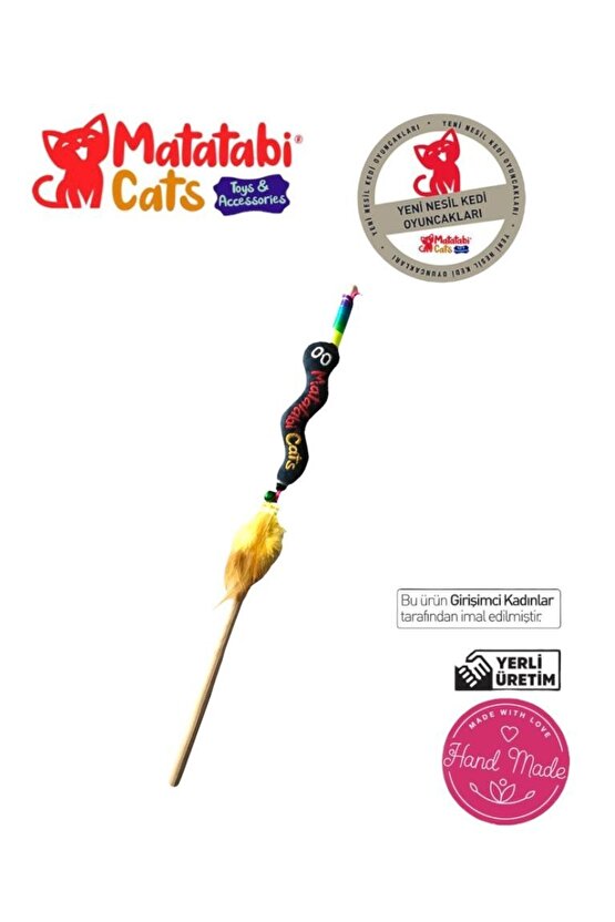 Wormy Ahşap Saplı Kedi Oltası Peluş Kedi Oyuncaklı - Matatabi Içerikli