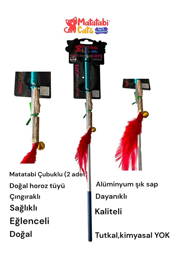 Doğal Matatabi Çubuklu, Tüylü Çıngıraklı Kedi Oltası Kedi Oyuncağı 50cm