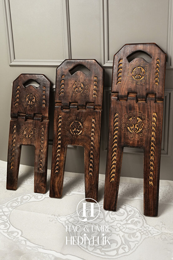 Rahle El Yapımı Masif Ahşap | Desenli Kulplu Kitap Okuma Standı | Orta Boy Kuran Rahlesi