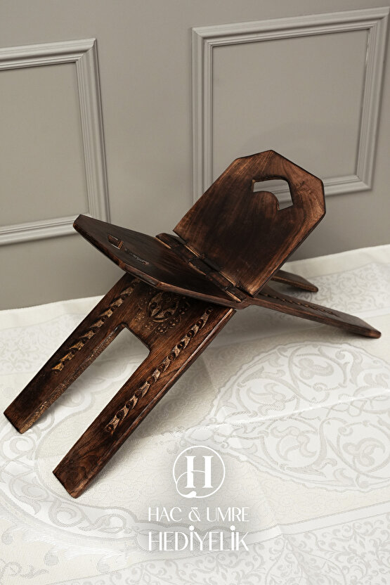 Rahle El Yapımı Masif Ahşap | Desenli Kulplu Kitap Okuma Standı | Orta Boy Kuran Rahlesi