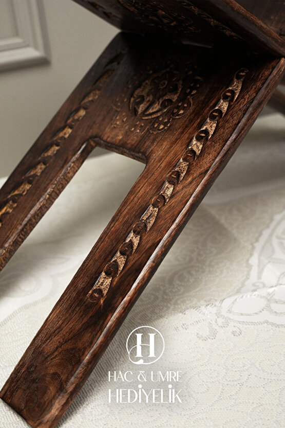 Rahle El Yapımı Masif Ahşap | Desenli Kulplu Kitap Okuma Standı | Orta Boy Kuran Rahlesi