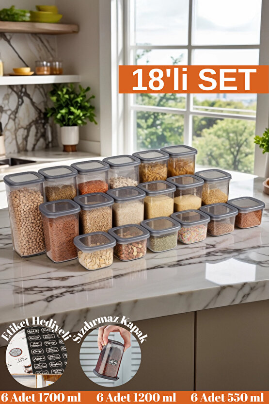 18 Adet 36 Parça 550 ml. 1200 ml. 1750 ml. Sızdırmaz Kapaklı Kare Erzak Bakliyat Saklama Kabı Seti