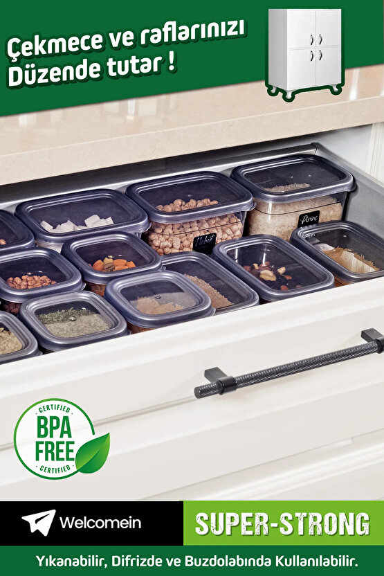 18 Adet 36 Parça 550 ml. 1200 ml. 1750 ml. Sızdırmaz Kapaklı Kare Erzak Bakliyat Saklama Kabı Seti