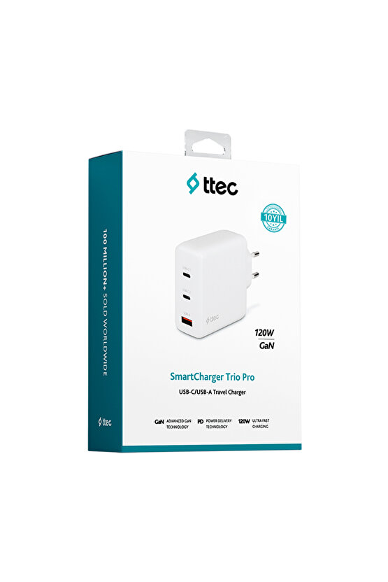 SmartCharger Trio GAN 120W PD Seyahat Hızlı Şarj Aleti 2 USB-C+USB-A