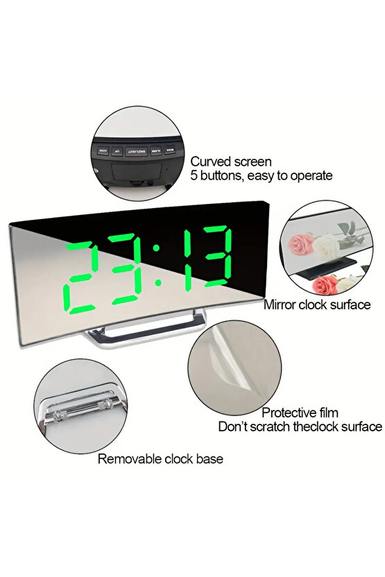 LED Yaratıcı Kavisli Yüzey Dijital Saat Ekranı Ayna Masa Saati Elektronik Masaüstü Uyku Fonksiyonlu