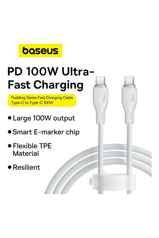 Pudding Hızlı Şarj Özellikli Type-C to Type-C 100W Kablo 1.2m. Beyaz