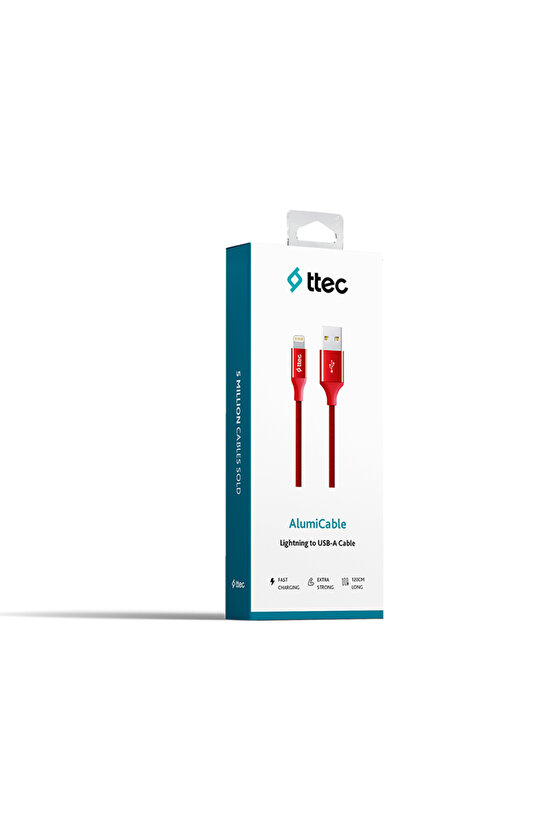 Alumicable™ Lightning Usb ŞarjSenkronizasyon Kablosu 2Dk16K,Kırmızı