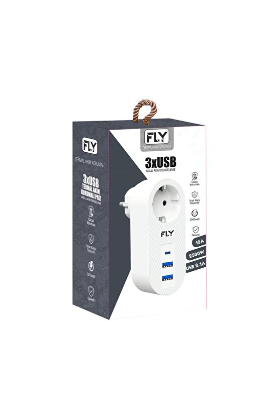 FLY-3400-01 Akım Korumalı.1 li Priz 2-Usba 1-C Soket 2.1A 10A 2500W