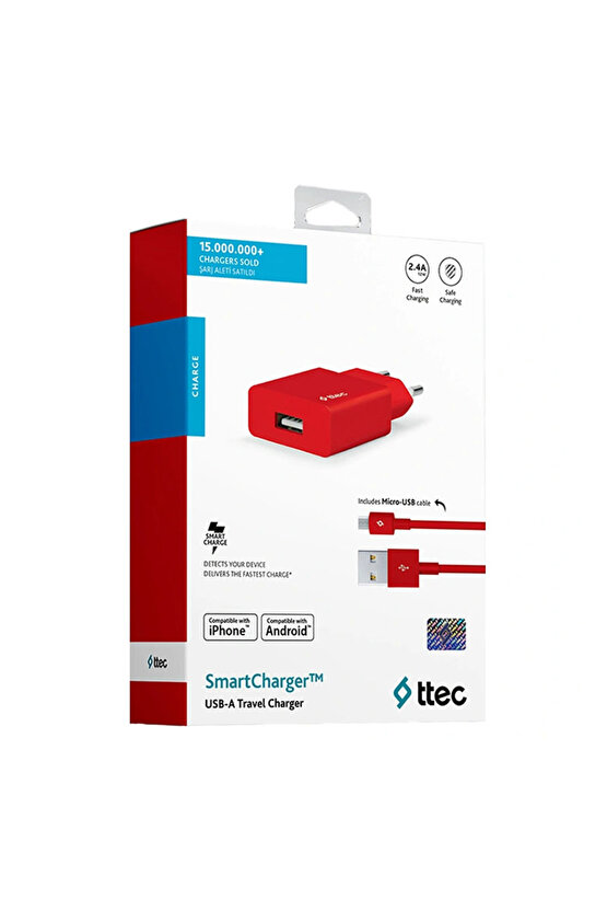 2SCS20MK SmartCharger 2.1A Seyahat Şarj Aleti + Micro USB Kablo,Kırmızı