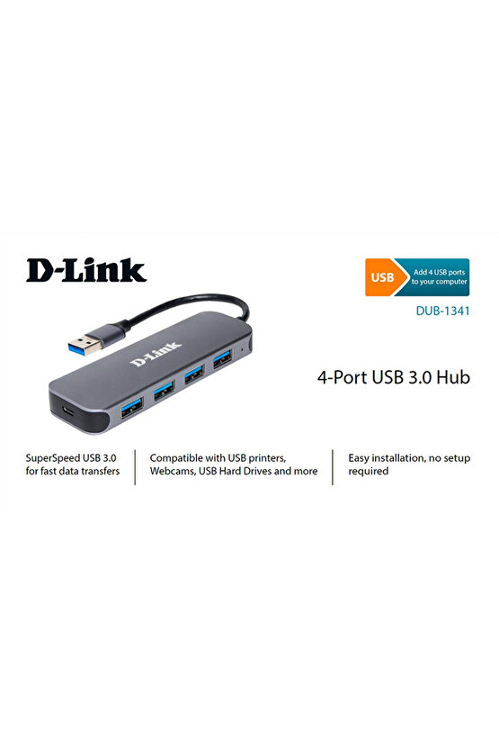 Dlink 4 Bağlantı Noktalı Süper Hızlı Usb 3.0 Hub Dub-1341