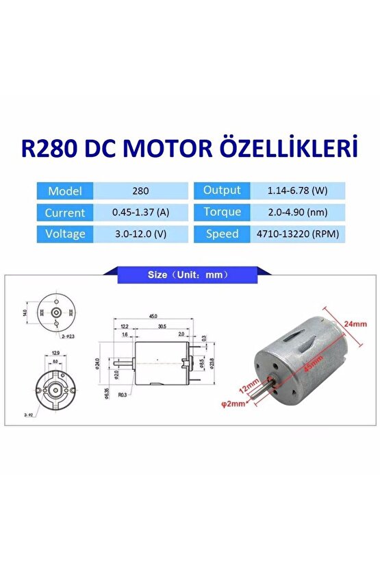 R280 3-12v 5000-15000 Rpm Dc Motor, Deney Motoru - 1 Adet