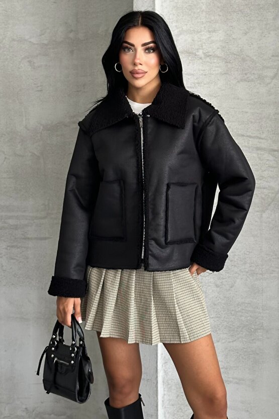 Kadın Çift Cepli İçi Suni Kürklü Suni Deri Biker Mont