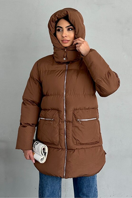 Kadın Kapüşonlu Şişme Uzun Mont