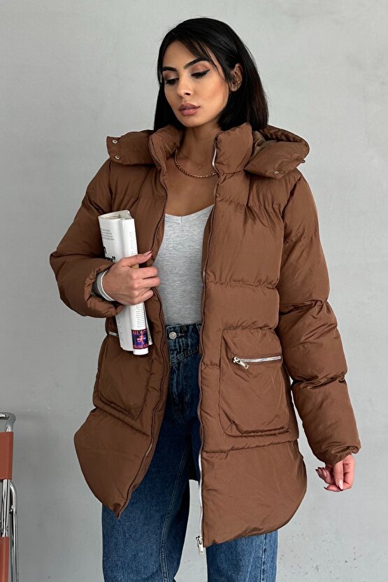 Kadın Kapüşonlu Şişme Uzun Mont