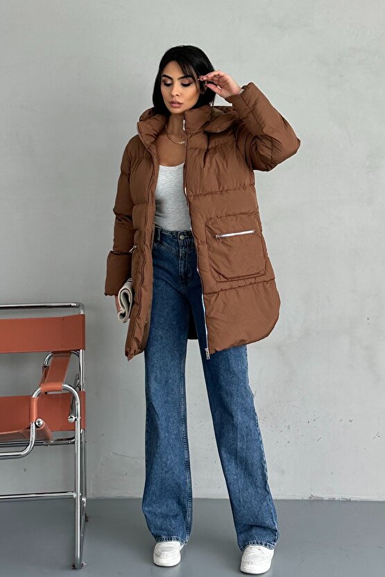 Kadın Kapüşonlu Şişme Uzun Mont