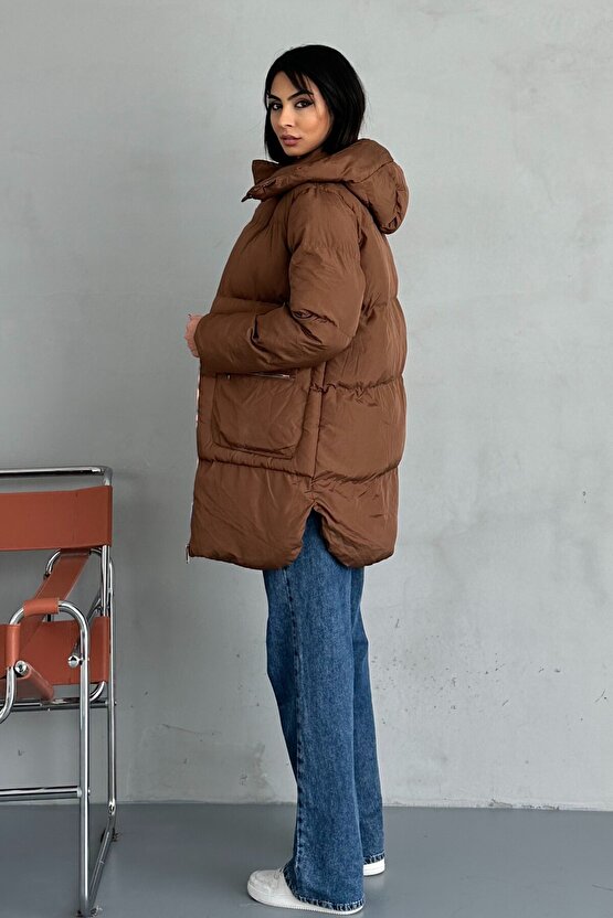 Kadın Kapüşonlu Şişme Uzun Mont