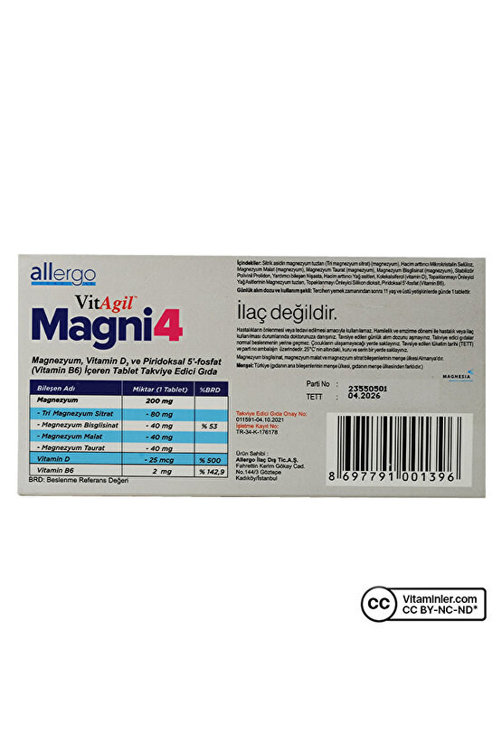 Vitagil Magni4 Magnezyum Vitamin D3 P5p 60 Tablet - Aromasız