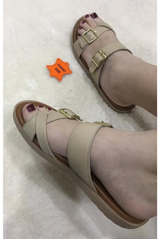 Hakiki Deri Kadın Yazlık Ortopedik Taban Baş Parmak Arası Tokalı Terlik