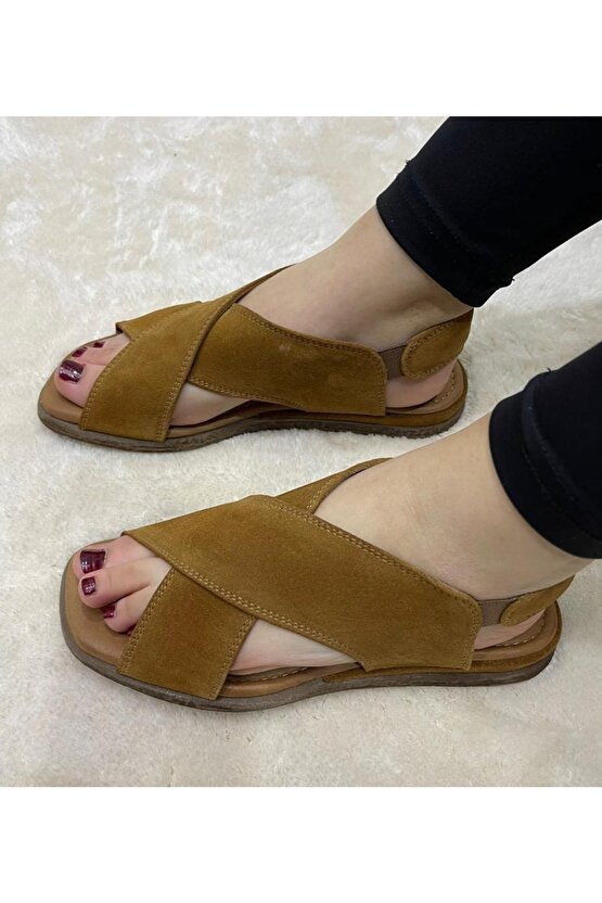 Hakiki Deri Kadın Yazlık Çapraz Model Düz Taban Sandalet