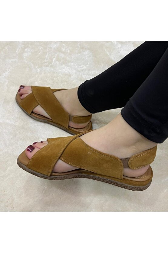 Hakiki Deri Kadın Yazlık Çapraz Model Düz Taban Sandalet
