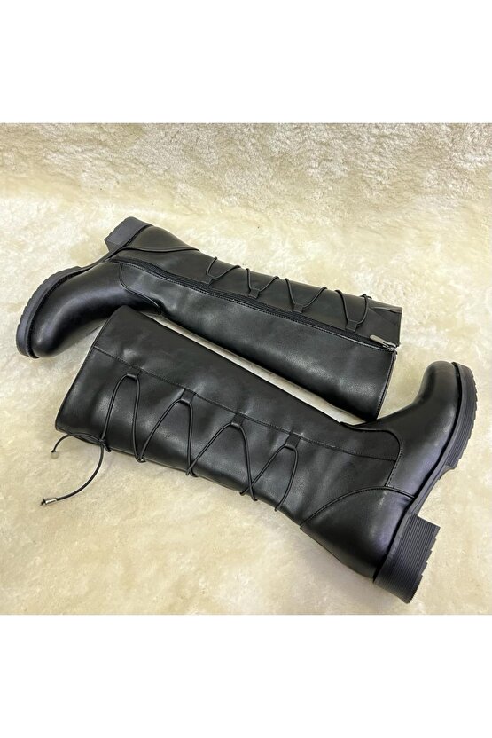 Kadın Kışlık Arka Bağcık Modelli Düz Taban Diz Altı Çizme