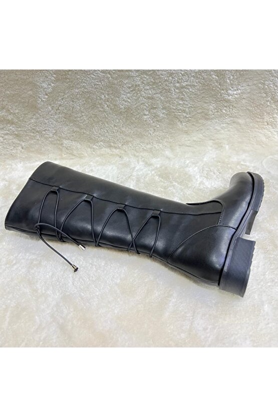 Kadın Kışlık Arka Bağcık Modelli Düz Taban Diz Altı Çizme