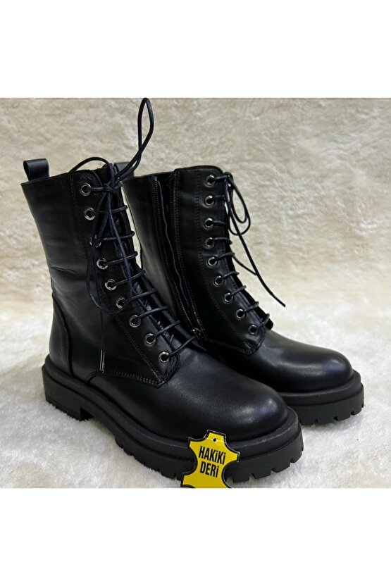 Hakiki Deri Kadın Siyah Renk Ferfuarlı Postal