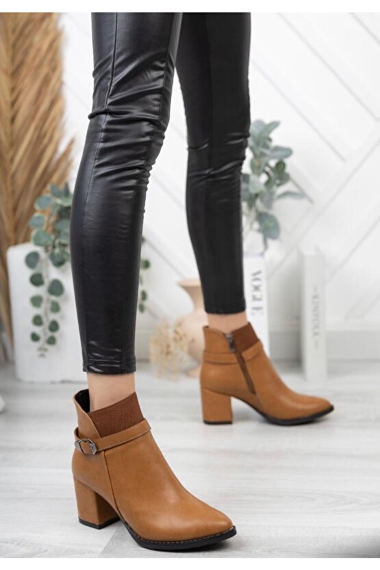 Kadın Taba Kısa Kare Topuk Bilek Bölümü Lastikli Kalın Topuk Bot