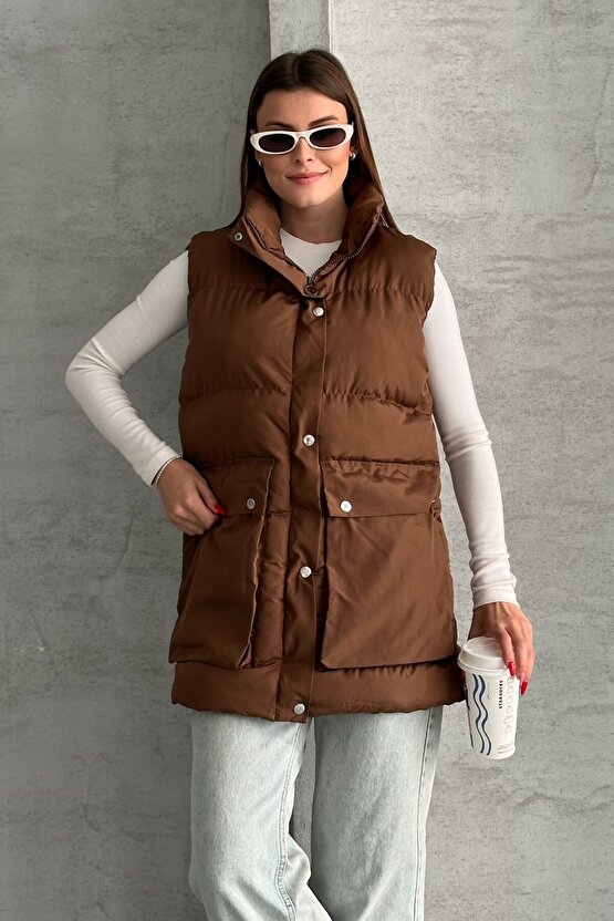 Kadın Şişme Yelek - Cepli Fermuarlı Günlük Şişme Yelek