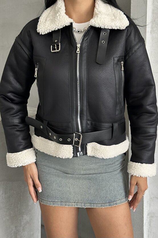 Kadın Kemerli İçi Kürklü Deri Mont - Biker Deri Ceket