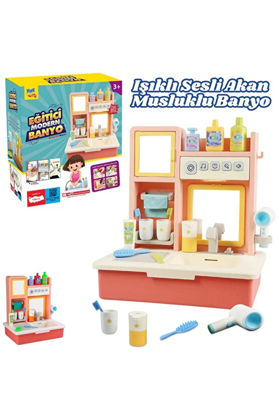 Su Akıtan Modern Banyo Seti - Çeşmeli Işıklı ve Sesli Lavabo - Banyo Seti - Su Akan Musluk - Pembe