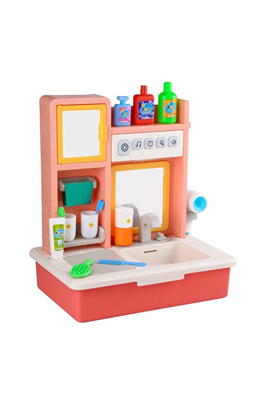 Su Akıtan Modern Banyo Seti - Çeşmeli Işıklı ve Sesli Lavabo - Banyo Seti - Su Akan Musluk - Pembe