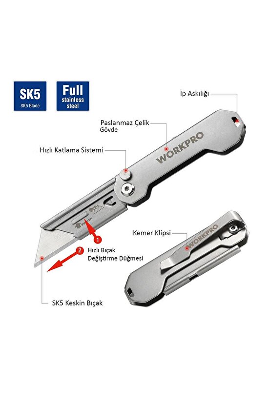 WP211016 Paslanmaz Çelik Gövde Katlanır Rötuş Maket Bıçağı