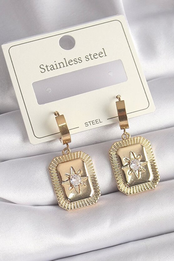 316L Çelik Gold Renk Zirkon Taşlı Yıldız İşlemeli Kadın Küpe