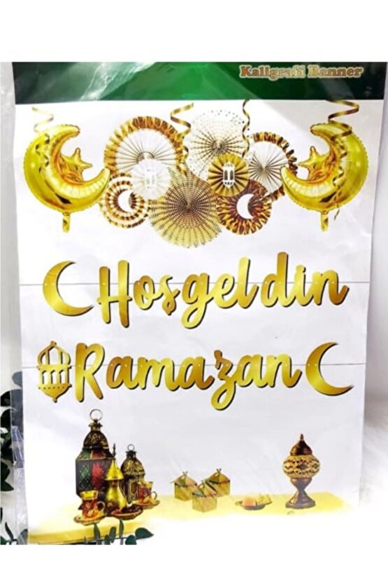 Hoşgeldin ramazan yazlı kaligrafi altın renk banner Ayı süsleme seti 210 cm