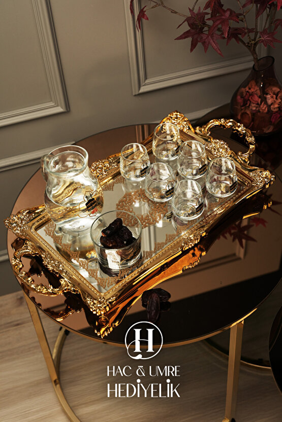 Zemzem Sunum Takımı 9 Parça | Aynalı Tepsili Lüks İçecek Sunum Seti | Mevlid Hac Umre Hediyesi