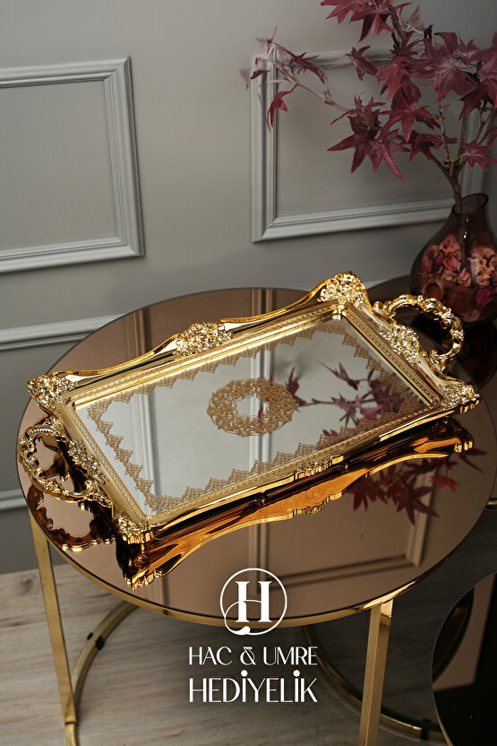 Zemzem Sunum Takımı 9 Parça | Aynalı Tepsili Lüks İçecek Sunum Seti | Mevlid Hac Umre Hediyesi