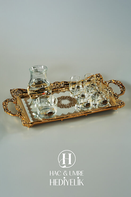 Zemzem Sunum Takımı 9 Parça | Aynalı Tepsili Lüks İçecek Sunum Seti | Mevlid Hac Umre Hediyesi