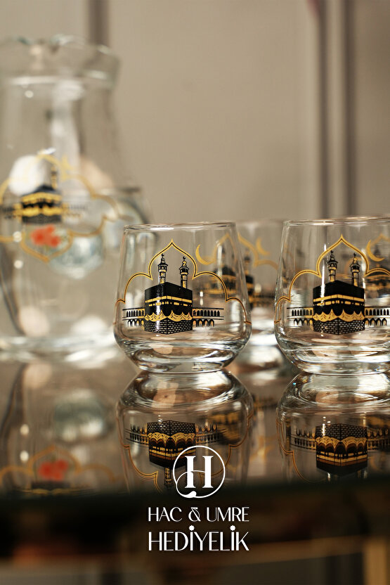 Zemzem Sunum Takımı 9 Parça | Aynalı Tepsili Lüks İçecek Sunum Seti | Mevlid Hac Umre Hediyesi